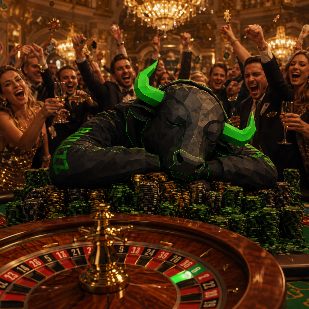 A cheering crowd around a roulette table while the bull sleeps on a pile of chips