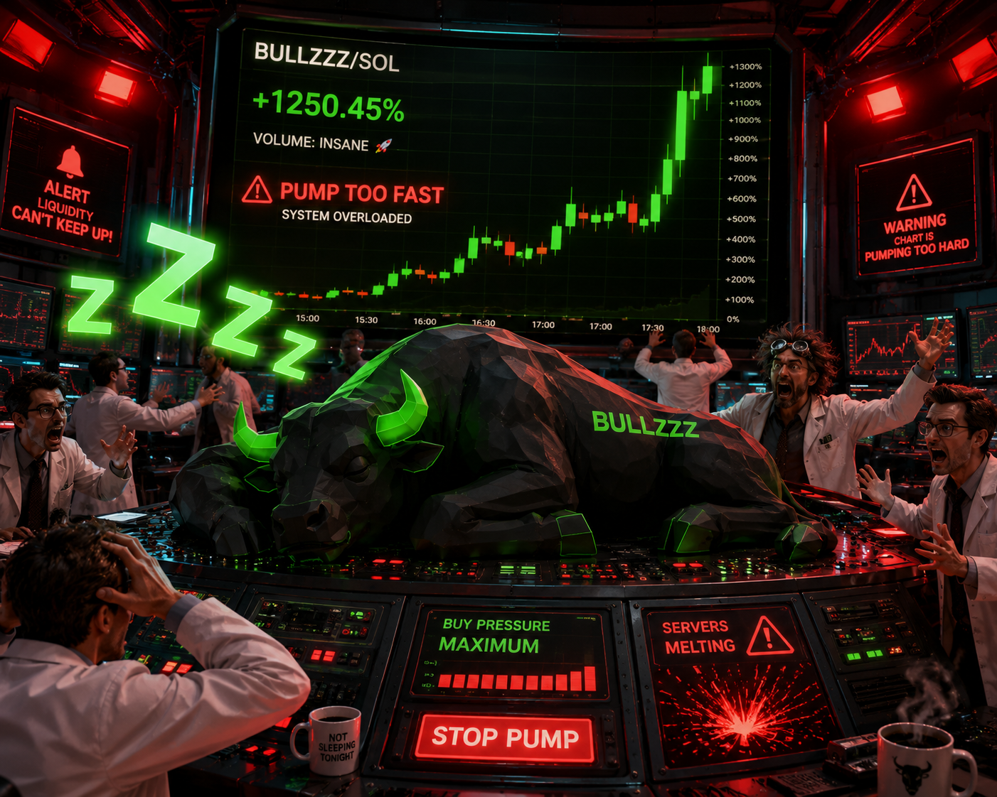Scientists panicking around control panels while the bull naps on the console