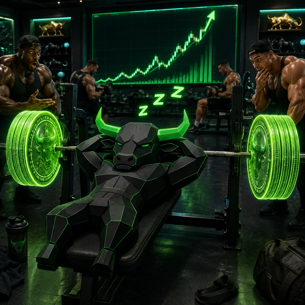 Gym bros staring in disbelief at the black bull asleep under a loaded barbell