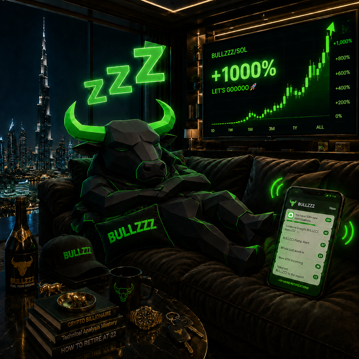 The bull sprawled asleep on a penthouse sofa while a chart pumps on the screen behind him