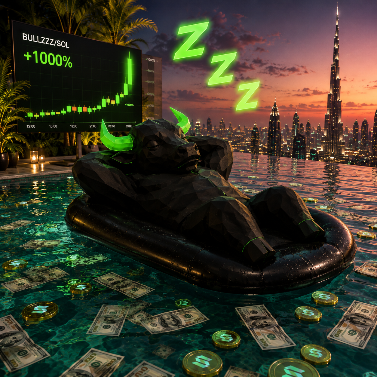 The black bull still fast asleep on a pool float while the city glows behind him