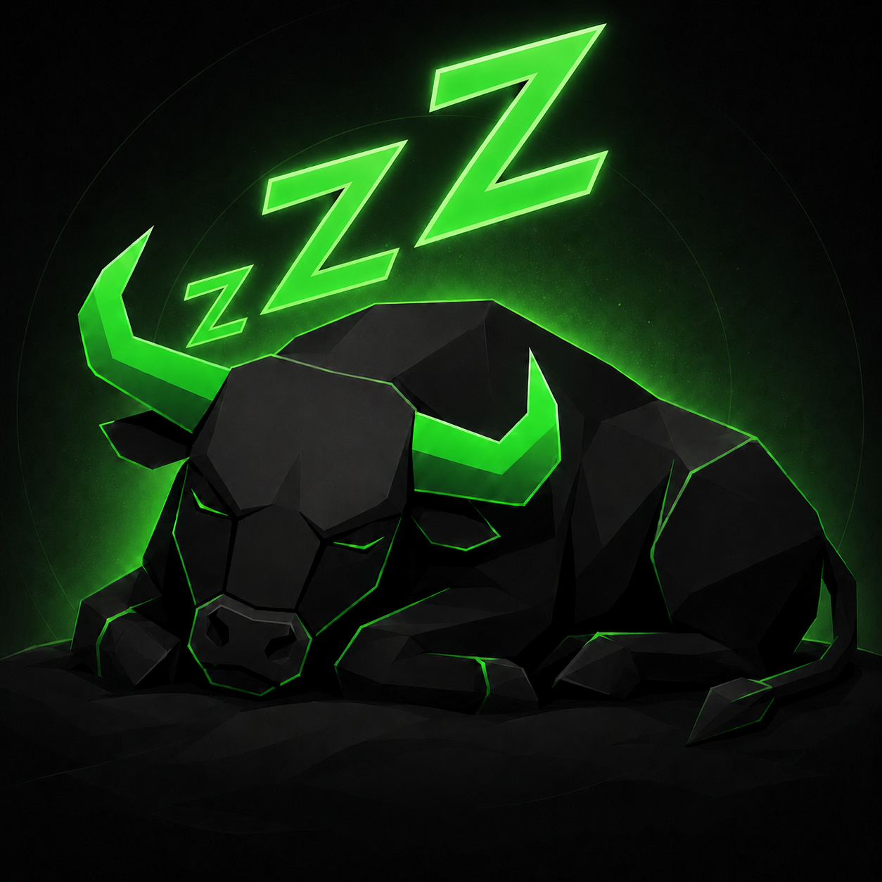 A giant matte-obsidian bull curled up fast asleep with glowing horns and Zzz drifting above him